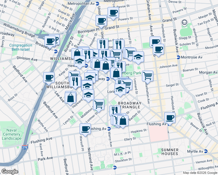 map of restaurants, bars, coffee shops, grocery stores, and more near in Brooklyn