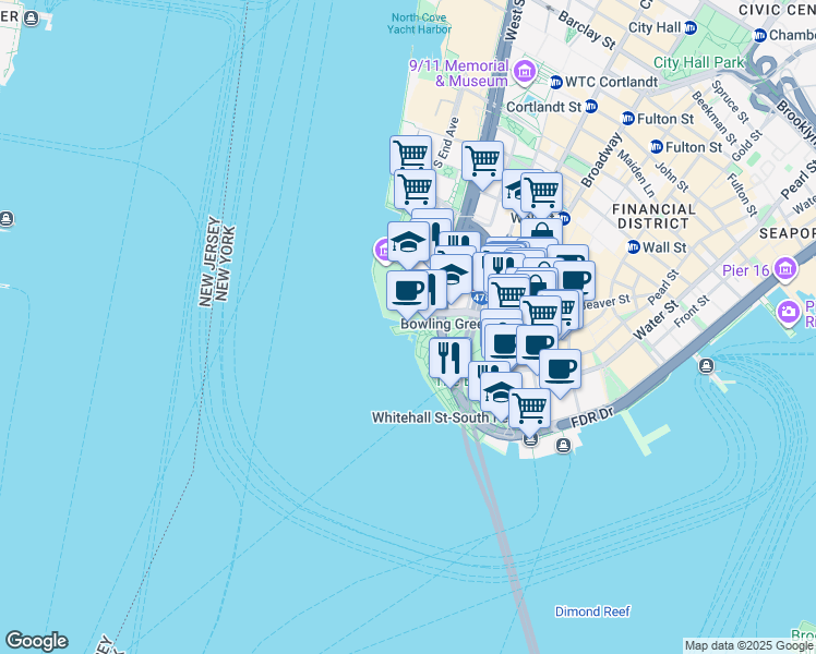 map of restaurants, bars, coffee shops, grocery stores, and more near 22 Battery Place in New York
