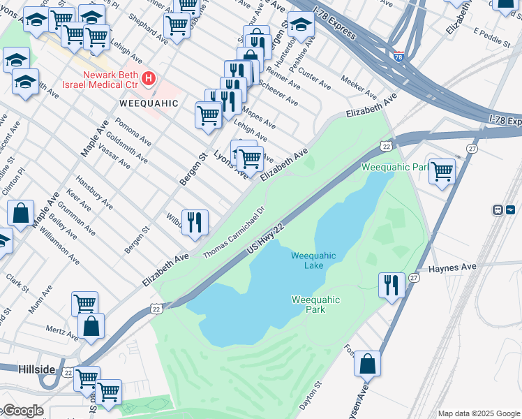 map of restaurants, bars, coffee shops, grocery stores, and more near Thomas Carmichael Drive in Newark