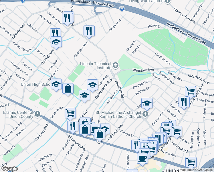 map of restaurants, bars, coffee shops, grocery stores, and more near 1211 Jeanette Avenue in Union