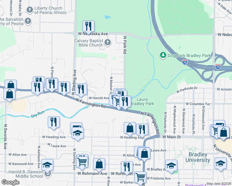 map of restaurants, bars, coffee shops, grocery stores, and more near 2120 West Colorado Street in West Peoria
