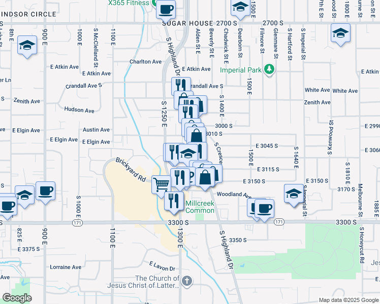 map of restaurants, bars, coffee shops, grocery stores, and more near 1315 Gunn Avenue in Salt Lake City
