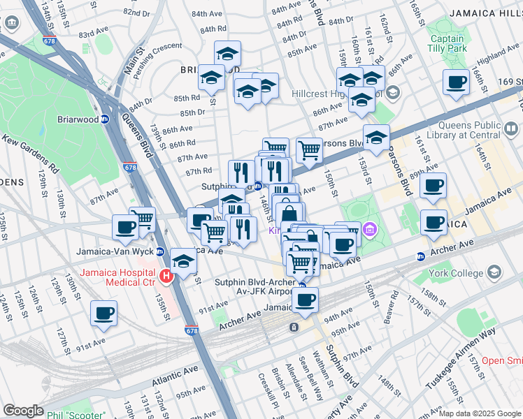 map of restaurants, bars, coffee shops, grocery stores, and more near 88-15 145th Street in Queens