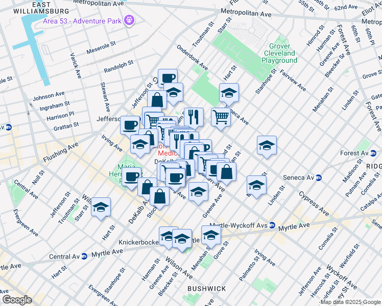 map of restaurants, bars, coffee shops, grocery stores, and more near 355 Stockholm Street in Brooklyn