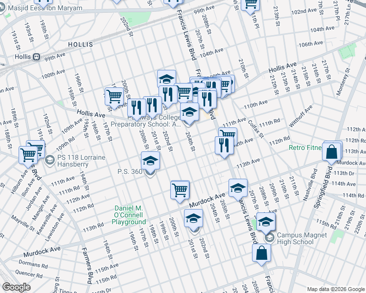 map of restaurants, bars, coffee shops, grocery stores, and more near 111-2 203rd Street in Queens