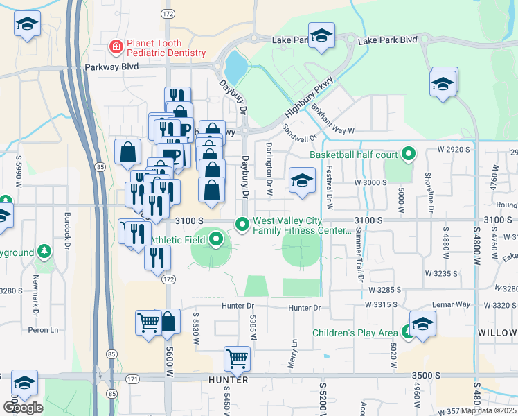 map of restaurants, bars, coffee shops, grocery stores, and more near 3067 Finsbury Lane in West Valley City