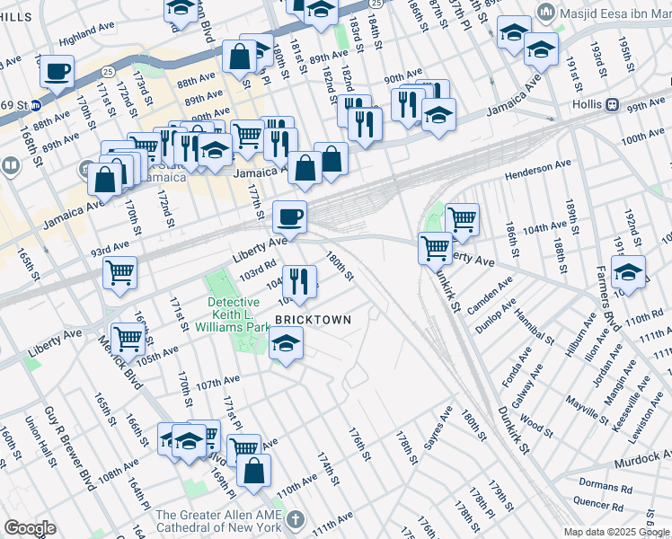 map of restaurants, bars, coffee shops, grocery stores, and more near 177-59 106th Avenue in Queens