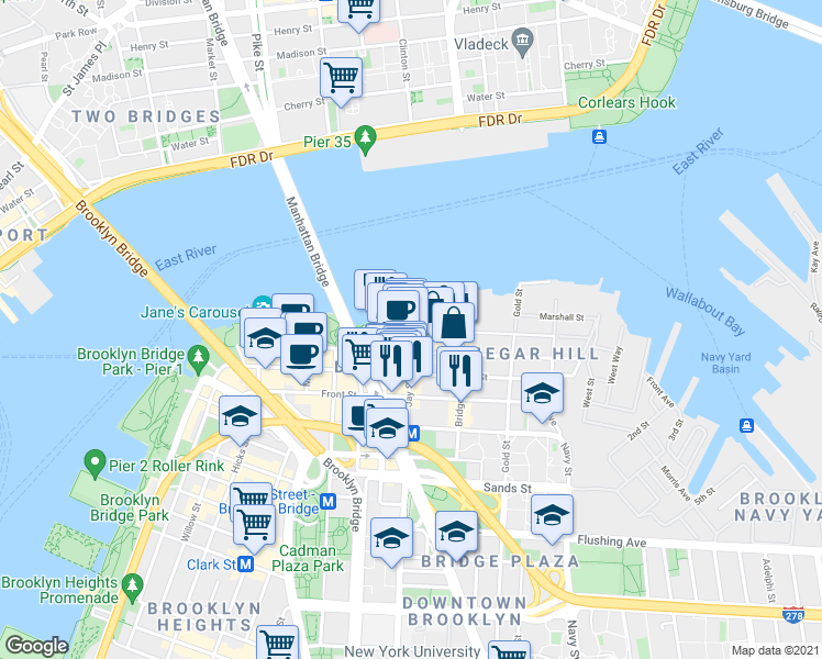 map of restaurants, bars, coffee shops, grocery stores, and more near Jay St & John St in Brooklyn