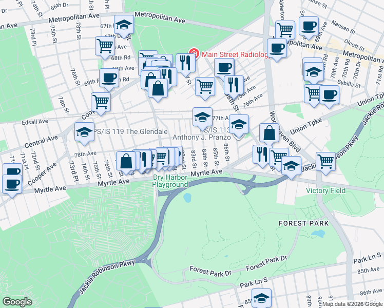 map of restaurants, bars, coffee shops, grocery stores, and more near 78-56 83rd Street in Queens