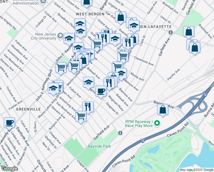 map of restaurants, bars, coffee shops, grocery stores, and more near 507-523 Ocean Avenue in Jersey City