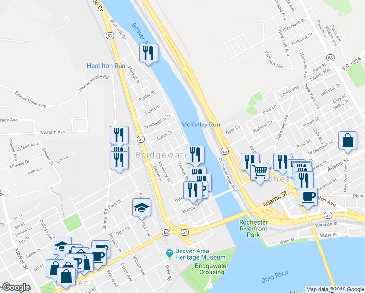 map of restaurants, bars, coffee shops, grocery stores, and more near 819 Riverside Drive in Beaver