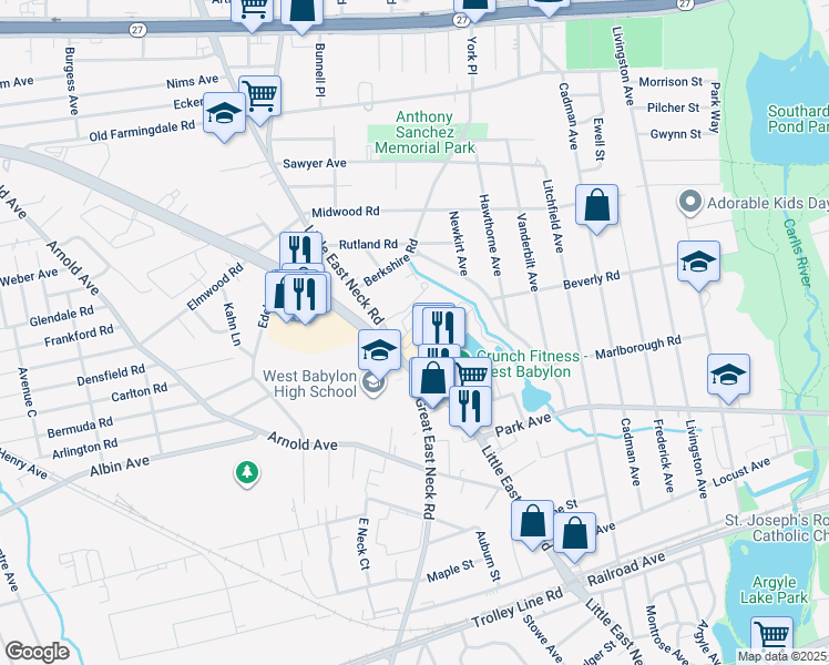 map of restaurants, bars, coffee shops, grocery stores, and more near 26 Claire Court in West Babylon