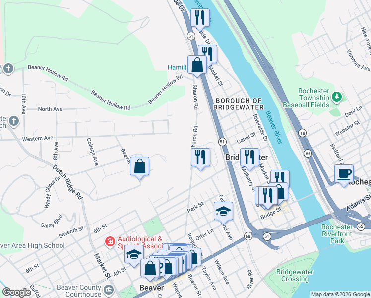map of restaurants, bars, coffee shops, grocery stores, and more near 977 Sharon Road in Beaver