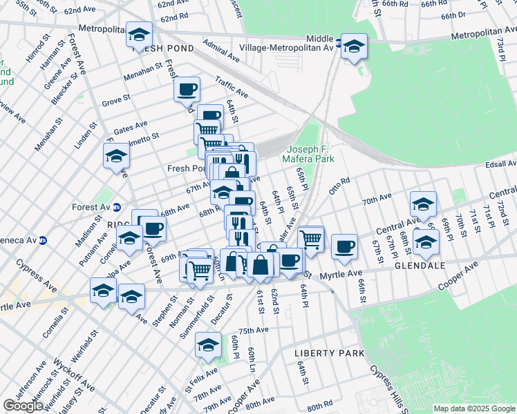 map of restaurants, bars, coffee shops, grocery stores, and more near in Queens