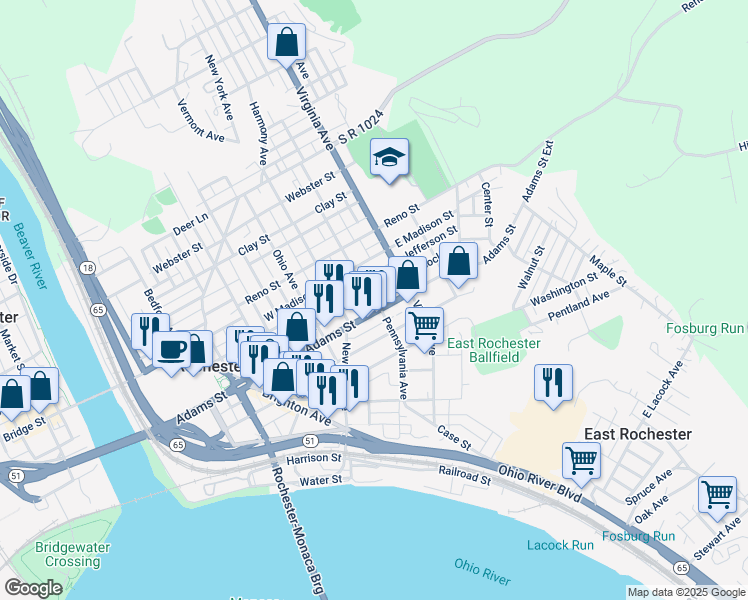 map of restaurants, bars, coffee shops, grocery stores, and more near 420 Adams Street in Rochester