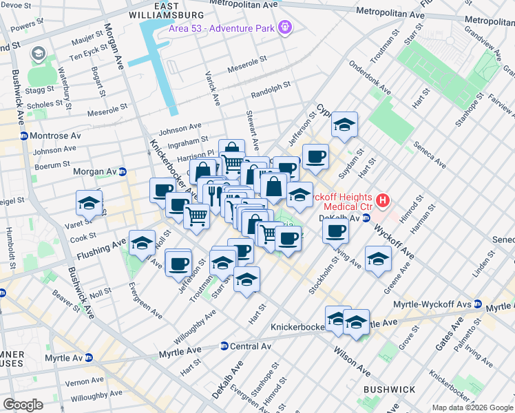 map of restaurants, bars, coffee shops, grocery stores, and more near 272 1/2 Jefferson Street in Brooklyn