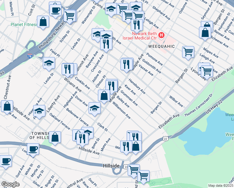 map of restaurants, bars, coffee shops, grocery stores, and more near 150 Bailey Avenue in Hillside