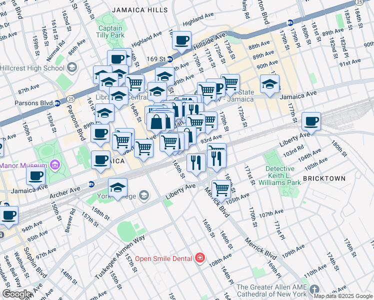 map of restaurants, bars, coffee shops, grocery stores, and more near 10 Archer Avenue in Queens