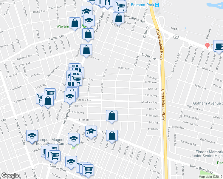 map of restaurants, bars, coffee shops, grocery stores, and more near 221-36 112th Road in Queens