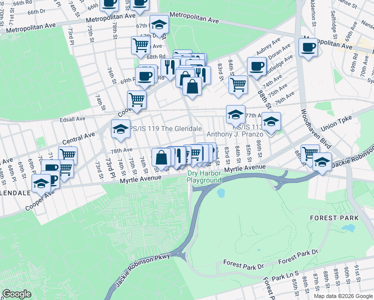 map of restaurants, bars, coffee shops, grocery stores, and more near 78-41 79th Lane in Queens
