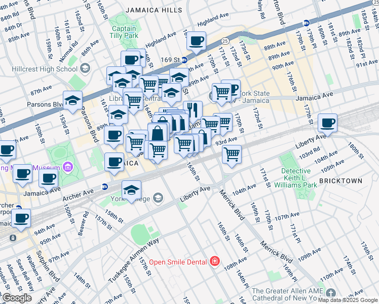map of restaurants, bars, coffee shops, grocery stores, and more near 165-15 Archer Avenue in Queens