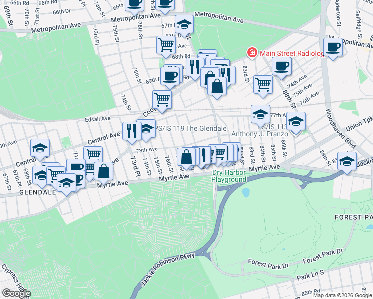map of restaurants, bars, coffee shops, grocery stores, and more near 78-21 78th Street in Queens