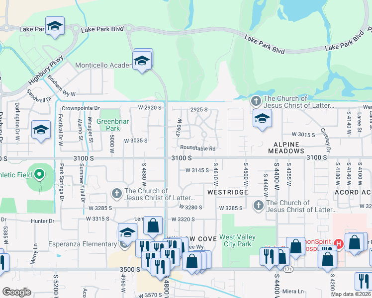 map of restaurants, bars, coffee shops, grocery stores, and more near 4733 Roundtable Road in West Valley City