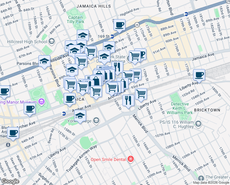 map of restaurants, bars, coffee shops, grocery stores, and more near 9256 165th Street in Queens
