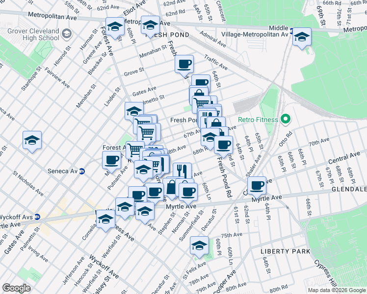 map of restaurants, bars, coffee shops, grocery stores, and more near 60-27 68th Road in Queens