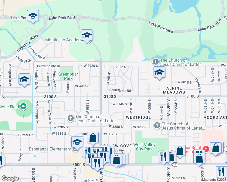 map of restaurants, bars, coffee shops, grocery stores, and more near 4733 Roundtable Road in West Valley City