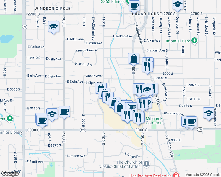 map of restaurants, bars, coffee shops, grocery stores, and more near 1241 Brickyard Road in Salt Lake City