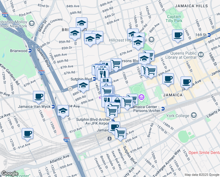 map of restaurants, bars, coffee shops, grocery stores, and more near 8811 Sutphin Boulevard in Queens