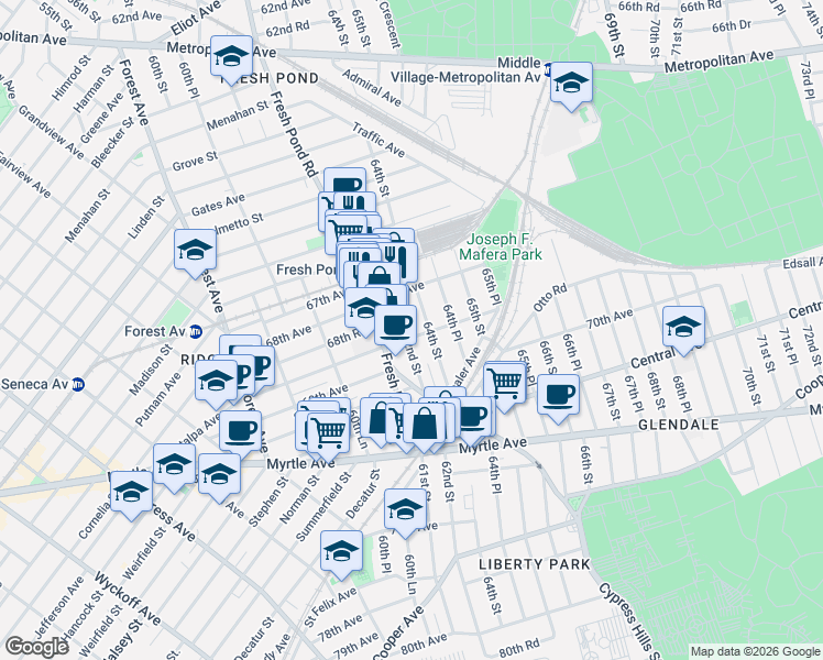 map of restaurants, bars, coffee shops, grocery stores, and more near 68-63 62nd Street in Queens