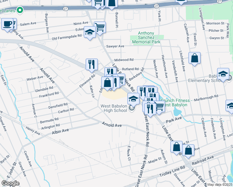 map of restaurants, bars, coffee shops, grocery stores, and more near 40 Highway 109 in West Babylon