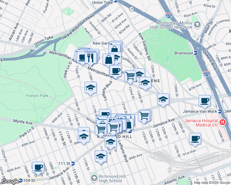 map of restaurants, bars, coffee shops, grocery stores, and more near 84-25 120th Street in Queens