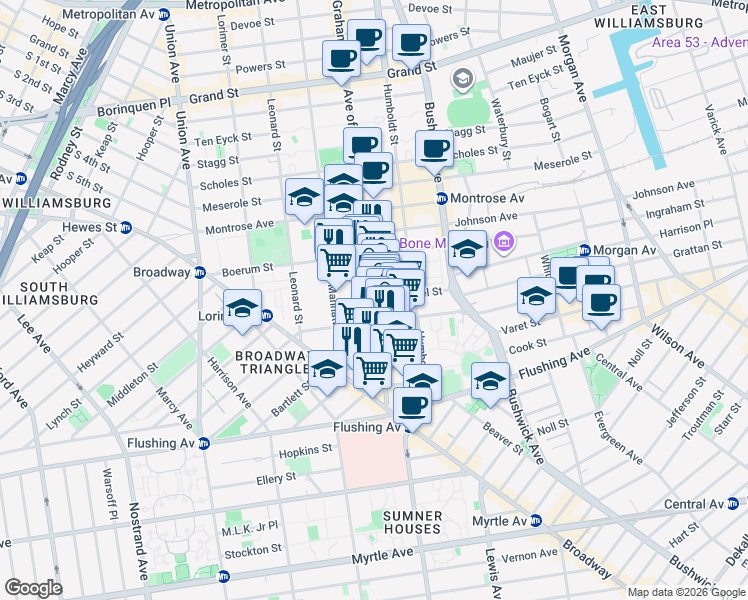 map of restaurants, bars, coffee shops, grocery stores, and more near Graham Ave & Seigel St in Brooklyn