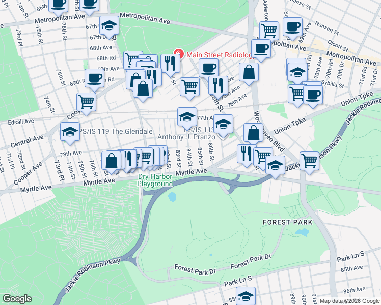 map of restaurants, bars, coffee shops, grocery stores, and more near 78-57 84th Street in Queens