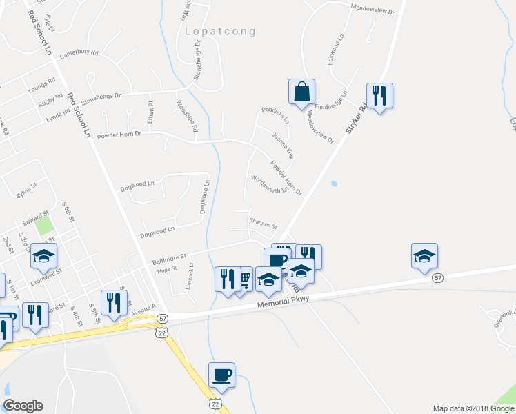 map of restaurants, bars, coffee shops, grocery stores, and more near 288 Rainbow Way in Phillipsburg