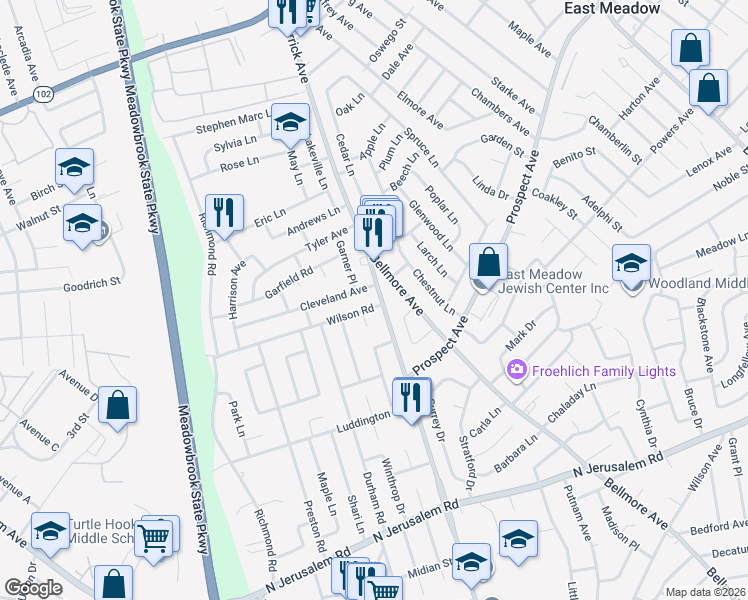 map of restaurants, bars, coffee shops, grocery stores, and more near 710 Merrick Avenue in East Meadow