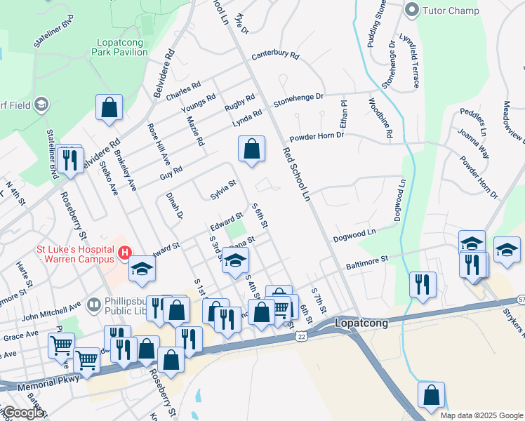 map of restaurants, bars, coffee shops, grocery stores, and more near 415 South 6th Street in Phillipsburg