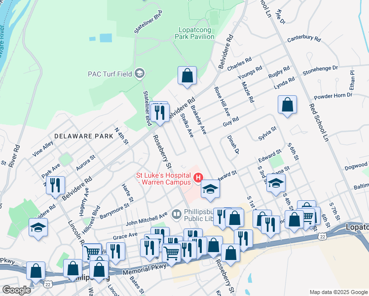 map of restaurants, bars, coffee shops, grocery stores, and more near 12 Greystone Avenue in Phillipsburg