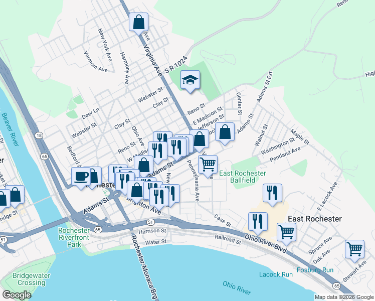 map of restaurants, bars, coffee shops, grocery stores, and more near 477 Adams Street in Rochester