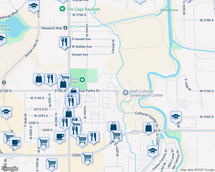 map of restaurants, bars, coffee shops, grocery stores, and more near 1456 Mayapple Way in West Valley City