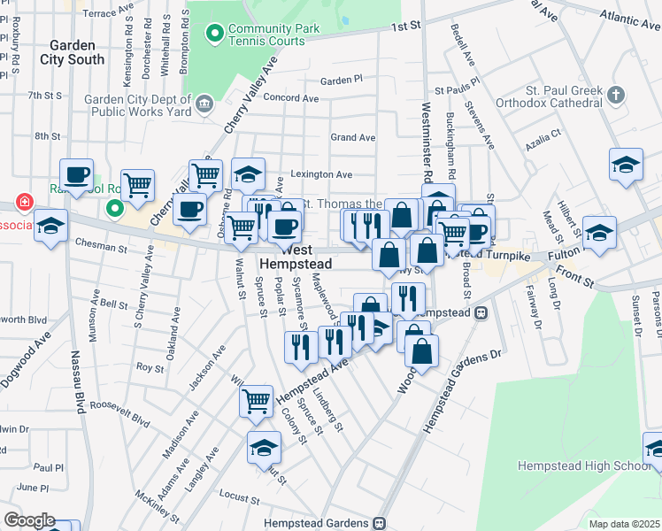 map of restaurants, bars, coffee shops, grocery stores, and more near 262 Ivy Street in West Hempstead