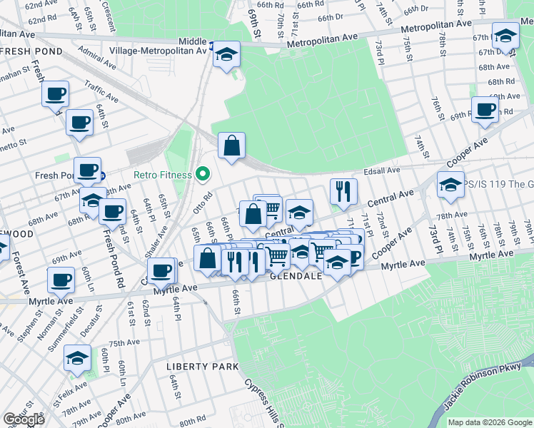 map of restaurants, bars, coffee shops, grocery stores, and more near 70-35 68th Street in Queens