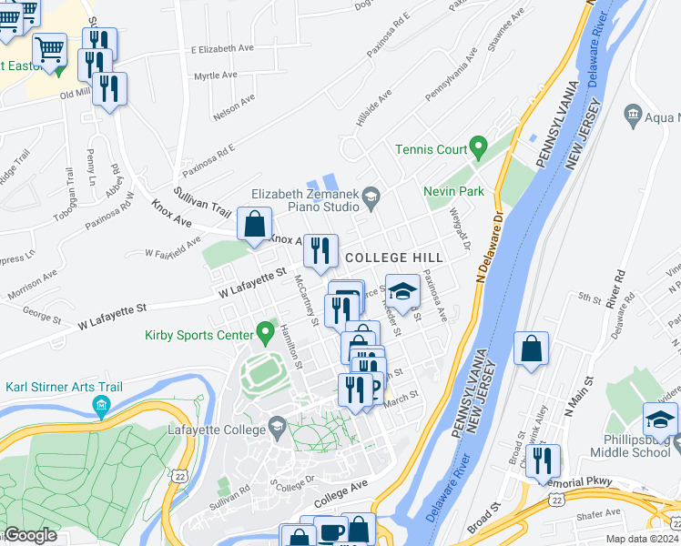 map of restaurants, bars, coffee shops, grocery stores, and more near 409 West Burke Street in Easton