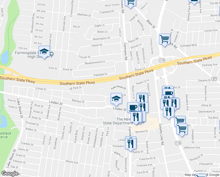 map of restaurants, bars, coffee shops, grocery stores, and more near 37 Townhouse Drive West in Massapequa Park