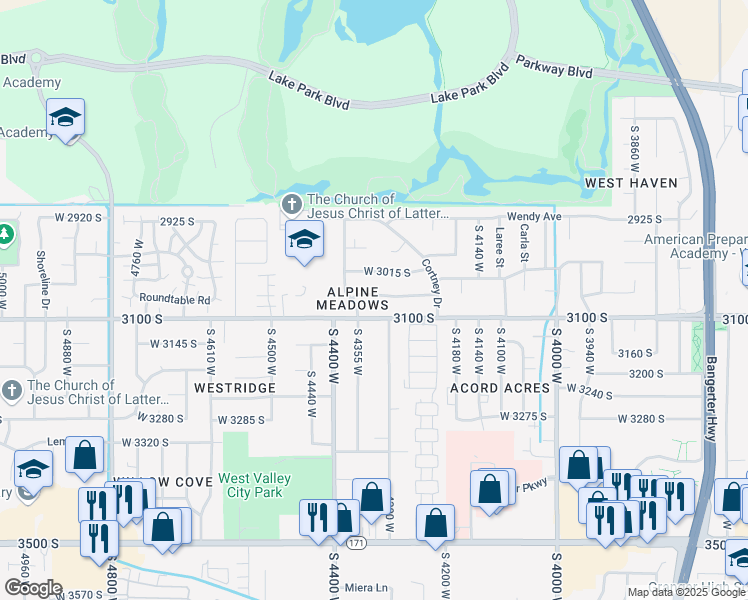 map of restaurants, bars, coffee shops, grocery stores, and more near 4323 Val Down Avenue South in Salt Lake City