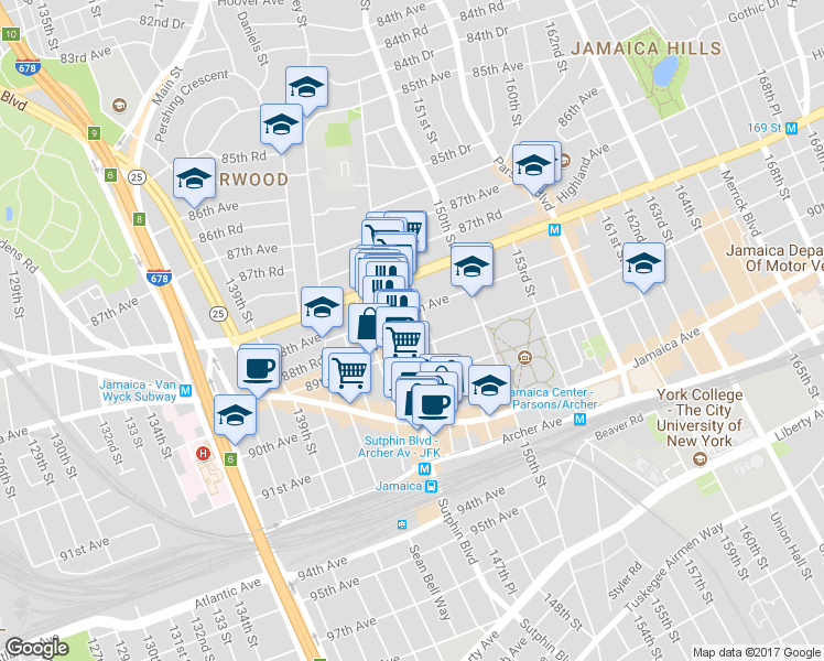 map of restaurants, bars, coffee shops, grocery stores, and more near 8811 Sutphin Boulevard in Queens