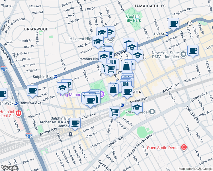 map of restaurants, bars, coffee shops, grocery stores, and more near 89-21 153rd Street in Queens